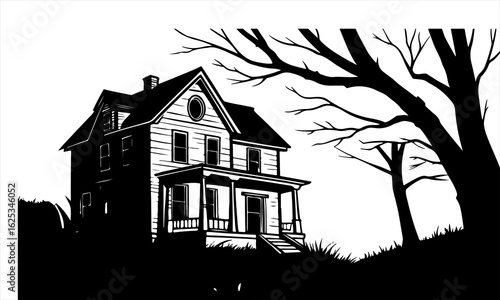 High-Contrast Black and White Woodcut-Style Victorian House with Gnarled Trees

