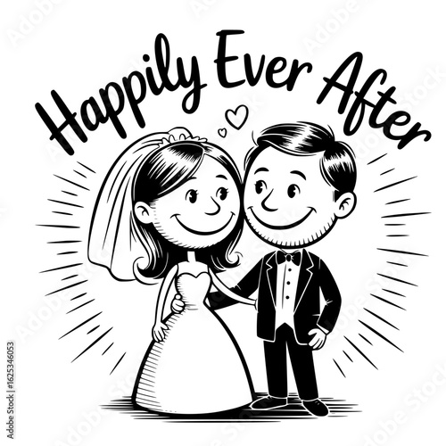 Happily Ever After Illustration: A charming illustration captures the timeless romance of a bride and groom embarking on their journey together. Witness the promise of a life filled with love.