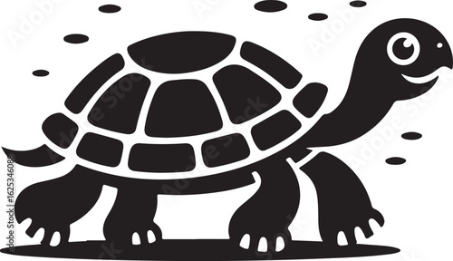 A sleek, stylized sticker illustration of a happy turtle. Black and white graphic icon of a slow-moving reptile for creative design elements.