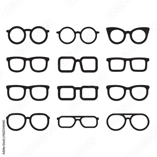Twelve diverse black eyeglass and spectacle silhouettes on white