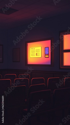 Illuminated Screen and Empty Seats in a Dark Auditorium, Dramatic Lighting