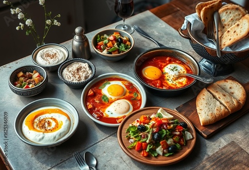 Israeli breakfast table with shakshuka and more