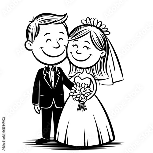 Wedding bliss cartoon: A loving couple, the groom in a classic tuxedo and the radiant bride in a stunning wedding dress, share a heartwarming embrace, embodying the essence of matrimonial joy.