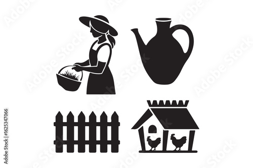 Farm life icons including a farmer woman with basket jug fence and chicken coop