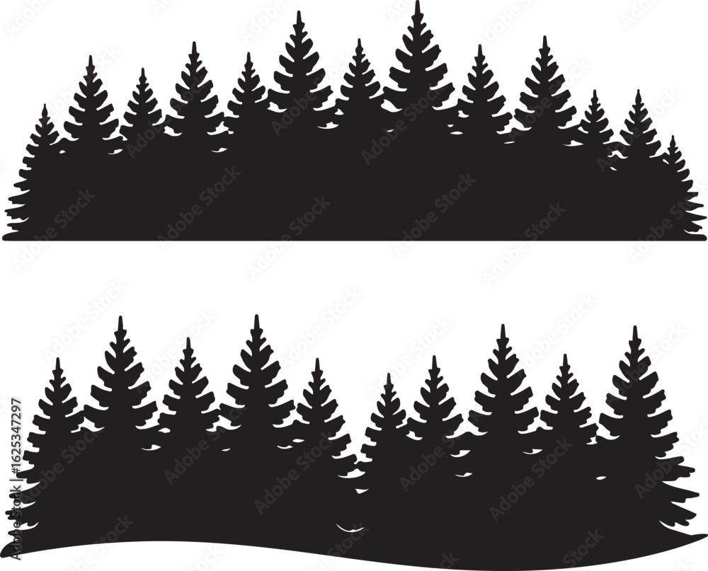 Fototapeta premium Black silhouette of evergreen trees against white background vector