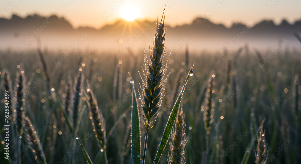 Fototapeta premium Serene Sunrise Over Dew-Kissed Wheat Field with Misty Horizon