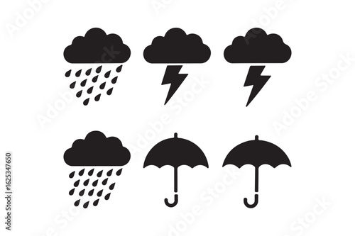 Set of six black weather icons on a white background