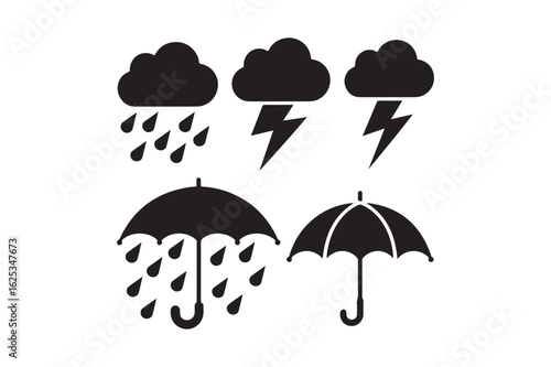 Set of black weather icons including rain clouds lightning and umbrellas