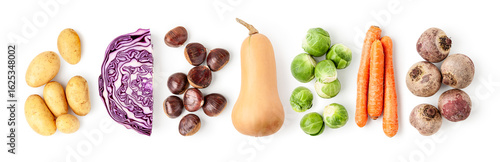 Banner with fresh autumn vegetables flat lay photography isolated on white background