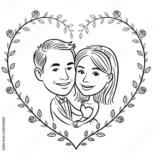 Couple Embraced in Love: A delicate line art depiction of a couple embraced in a heart-shaped embrace, with rose accents, captures the tender essence of romance and commitment.