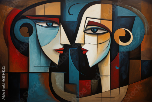 Woman and man couple in an abstract cubist or cubism style painting