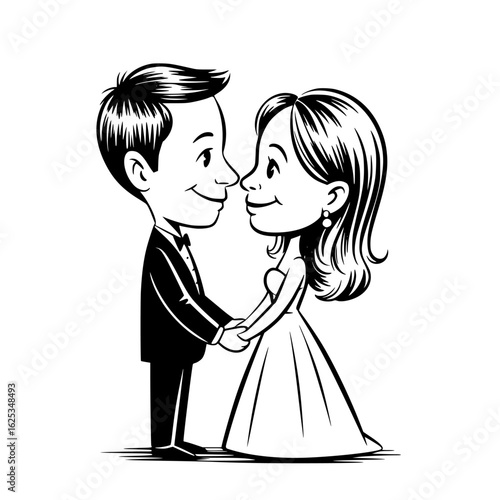 Wedding Bliss Illustration: An endearing black and white illustration of a couple on their wedding day, gazing into each other's eyes, radiating joy and love. A timeless depiction of commitment.