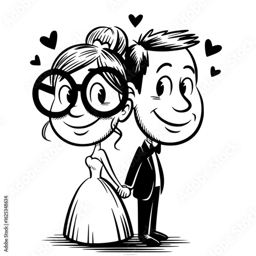 Everlasting Union: An endearing illustration captures the essence of a newlywed couple, their bond symbolized by clasped hands and surrounding hearts. conveying pure joy.