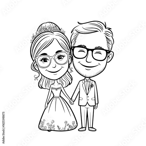 Monochrome Wedding Caricature: A charming, hand-drawn caricature captures the joy and love of a newlywed couple on their special day, showcasing delicate details and whimsical flair.