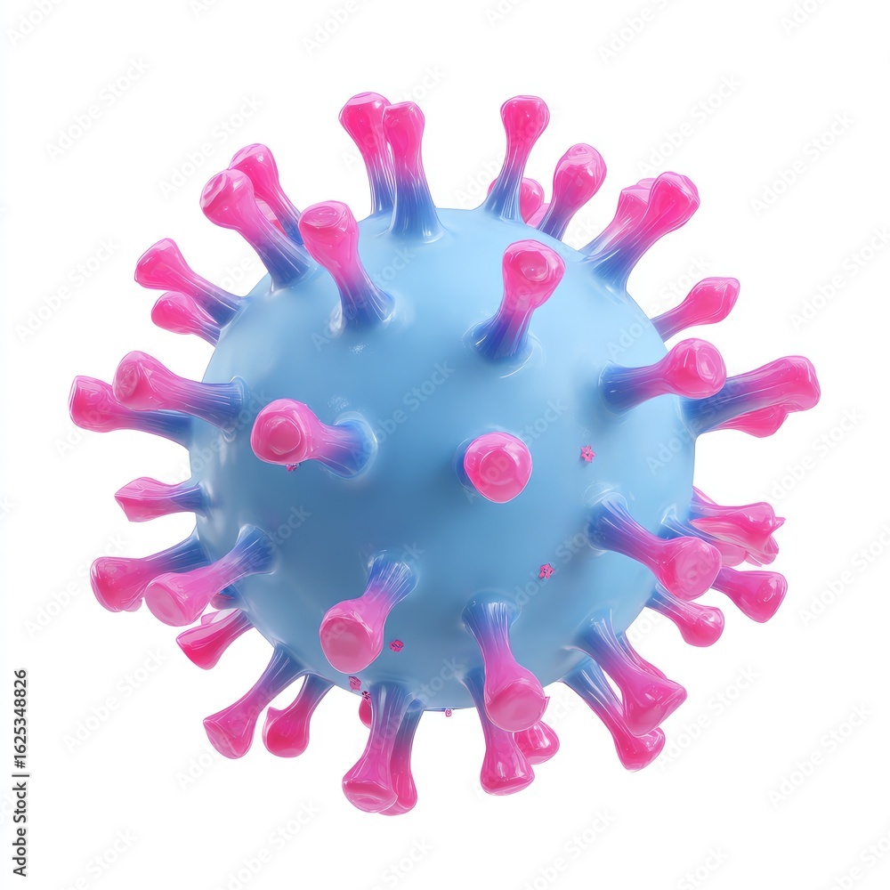 Naklejka premium 3D illustration of a virus, sphere-shaped with light-blue gradient, studded with pink protrusions, isolated on white