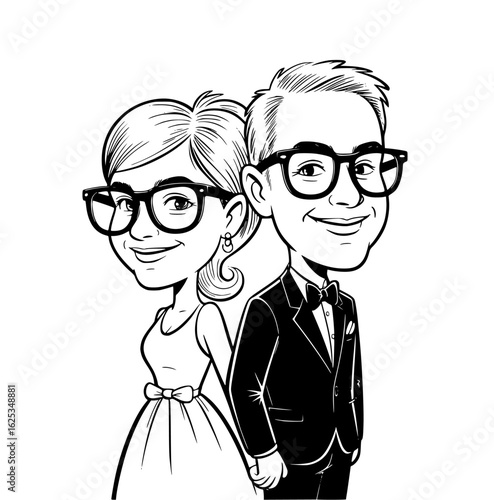 Caricature of a Happy Couple: A charming monochrome depiction of a smiling couple. It portrays happiness, affection, and the joy of togetherness, ideal for representing weddings or couple concepts.
