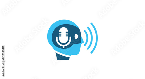 Blue head profile with microphone inside and sound waves emanating to the right side view image