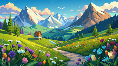 dyllic mountain landscape in the Alps with blooming meadows in summer springtime