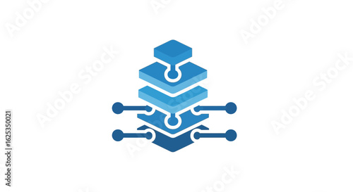 Blue layered structure with connected nodes representing a network or data architecture design