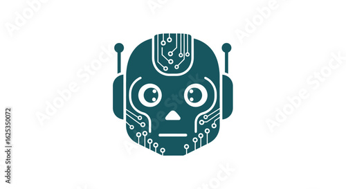 Illustration of a teal robot head with circuit patterns and antenna on a white background view front
