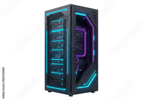 Photo of a modern computer server with neon lights isolated on transparent background, showcasing advanced technology and data management capabilities