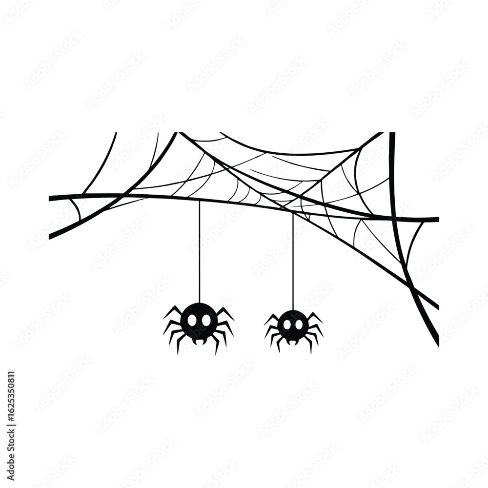 Black spiders hanging from a web white