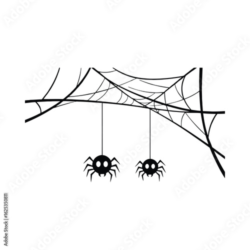 Black spiders hanging from a web white