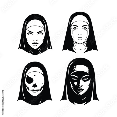 Four stylized female faces wearing head coverings black white