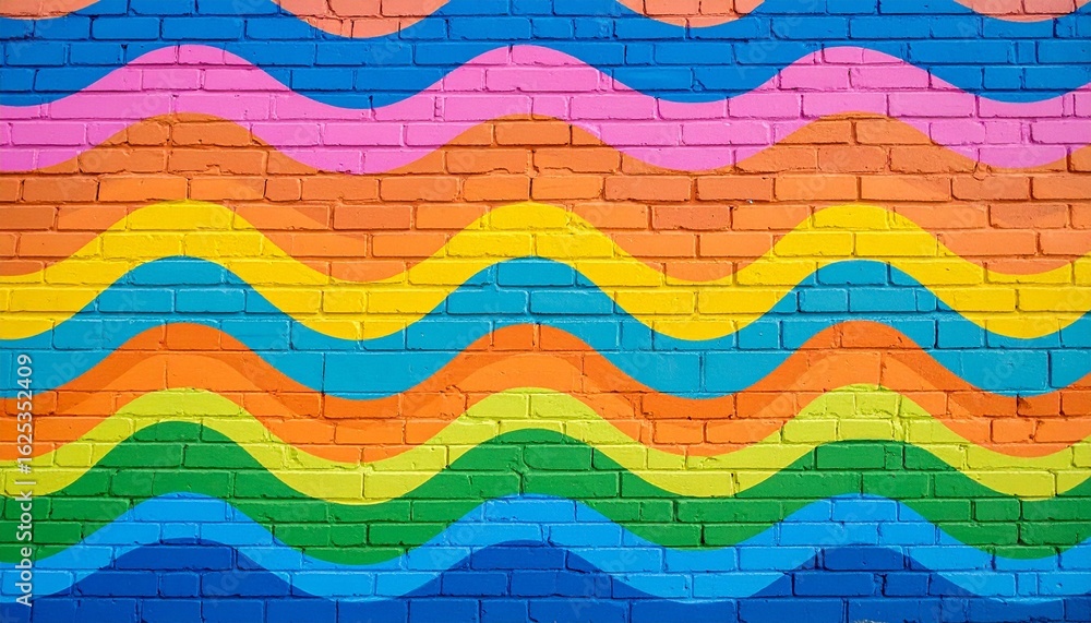 Fototapeta premium vibrant mural painted on a brick wall, featuring horizontally flowing wavy stripes in bright hues of orange, yellow, green, blue, pink, and purple, creating a lively and energetic abstract composition