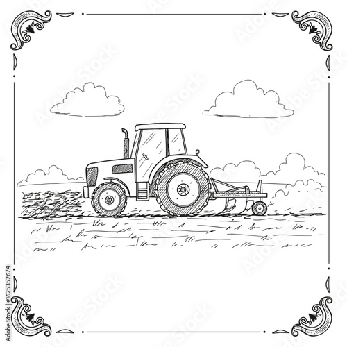Black and white illustration of tractor plowing field isolated on white background