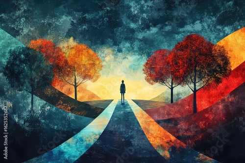 A person standing at a crossroads, contemplating different paths representing various choices and knowledge