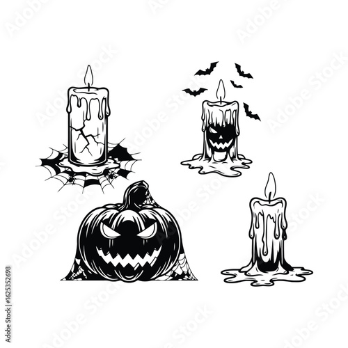Spooky Halloween candles and jack o lantern with bats and webs pumpkin