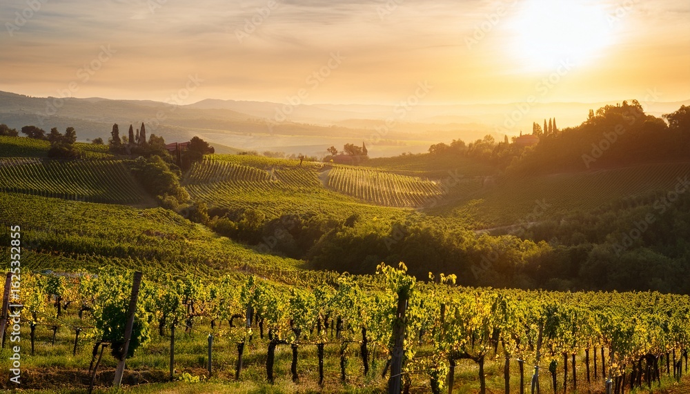 Fototapeta premium vineyards and landscape at sunrise with rolling hills