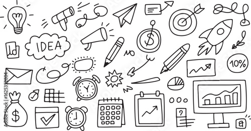 Doodle style business elements representing ideas planning goals financial growth and strategies for successful company development and positive results