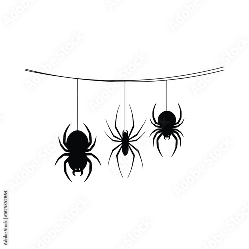 Three black spiders hanging on a wire arachnid insect