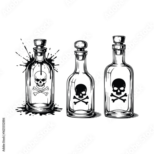 Three glass bottles with skull and crossbones
