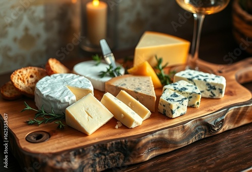 Artisanal cheese selection on rustic wooden board