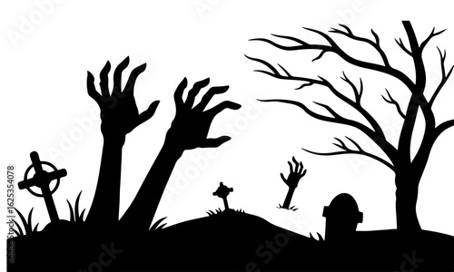 Classic Halloween Silhouette: Menacing Zombie Hands Rising from Graveyard
