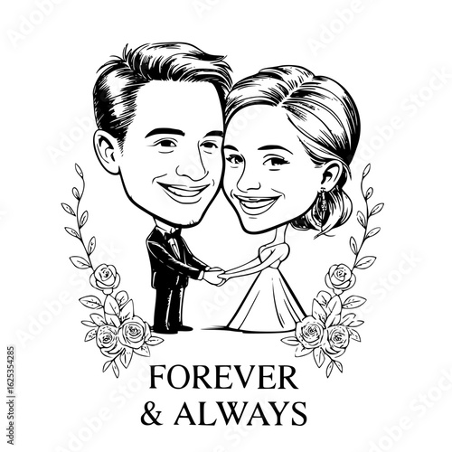 Eternal Embrace: A charming black and white illustration captures a bride and groom, their hands clasped amidst a floral wreath, embodying the timeless promise of Forever & Always.