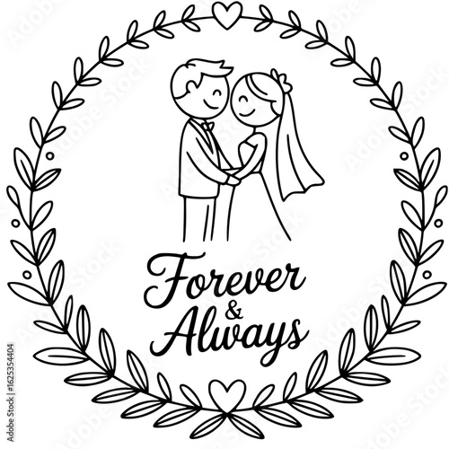 Forever & Always: A line art illustration captures a loving couple's joyous union within a botanical frame, symbolizing enduring love and the beginning of a shared journey.