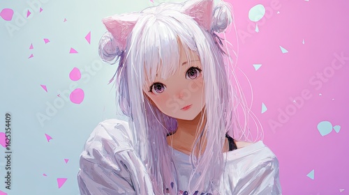 Cute anime girl with cat ears pastel pink and purple background kawaii aesthetic playful expression wallpaper