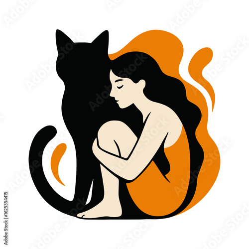 Woman cuddling with black cat in abstract orange design
