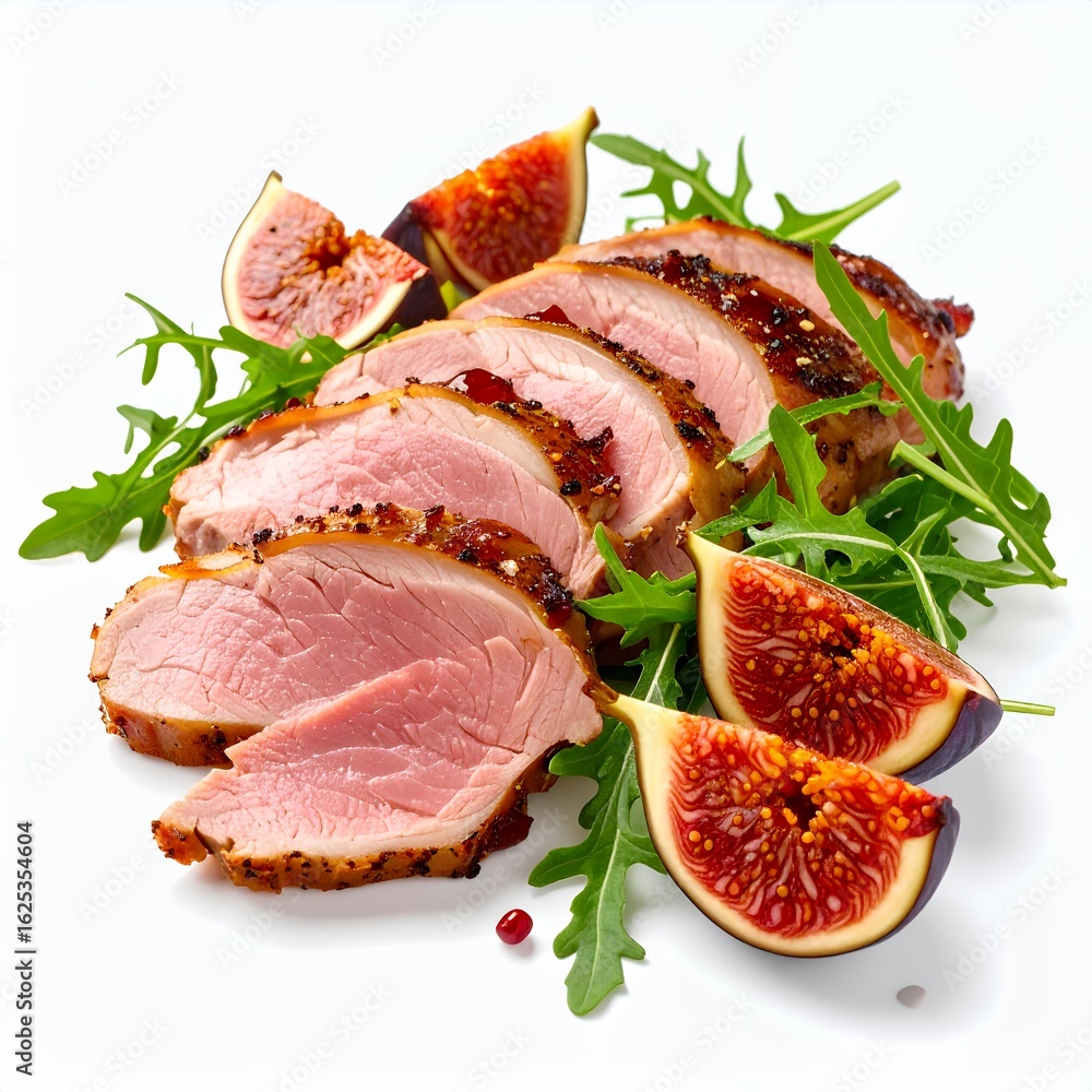 Fototapeta premium Delicious sliced duck breast accompanied by fresh figs and arugula on white background
