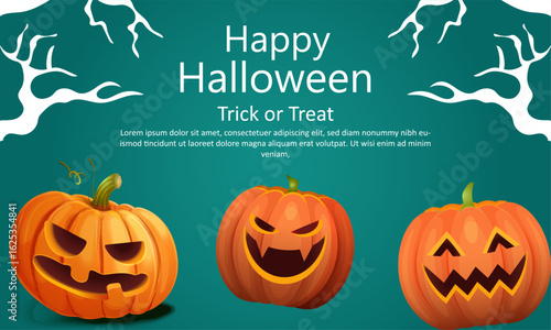 Halloween Pumpkin Banner Design with Carved Jack-o'-Lanterns and Tree Silhouettes