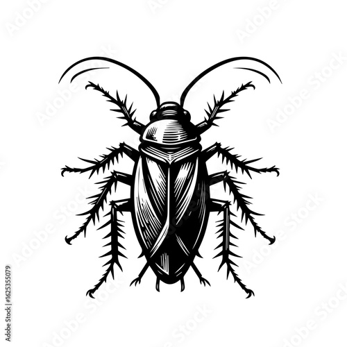 Detailed Black and White Illustration of a Cockroach 1.