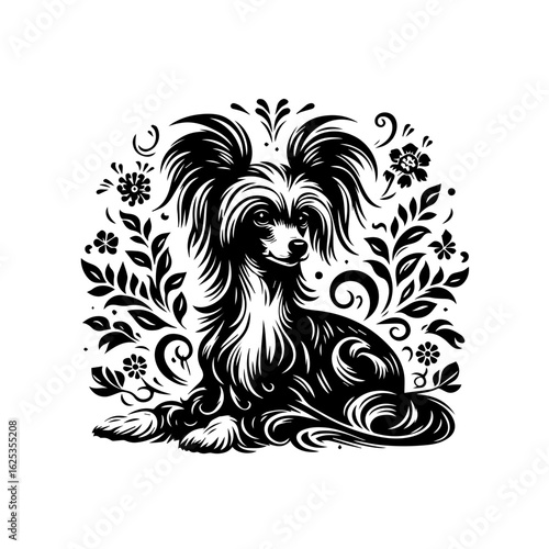 Elegant Chinese Crested Dog with Floral Ornaments.
