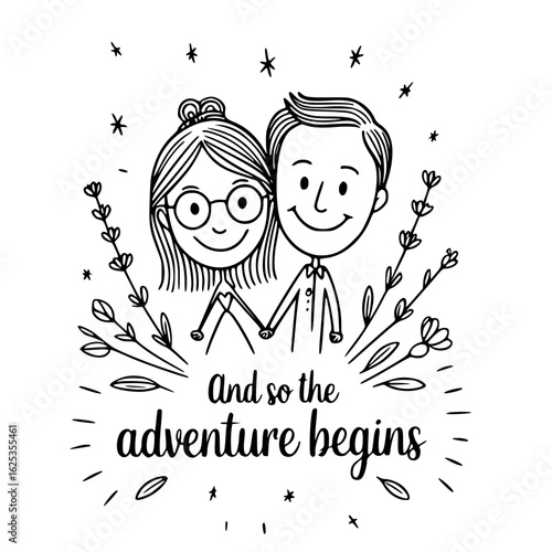 Couple's Adventure: A charming monochrome illustration captures a couple, hand-in-hand, embarking on their shared journey, framed by delicate floral elements and the promise of new beginnings.