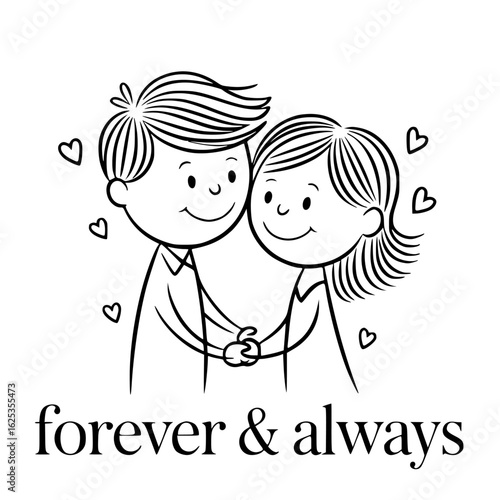 Eternal Devotion: This adorable black and white illustration captures the essence of love with a tender couple holding hands, surrounded by hearts, symbolizing a bond of forever and always.