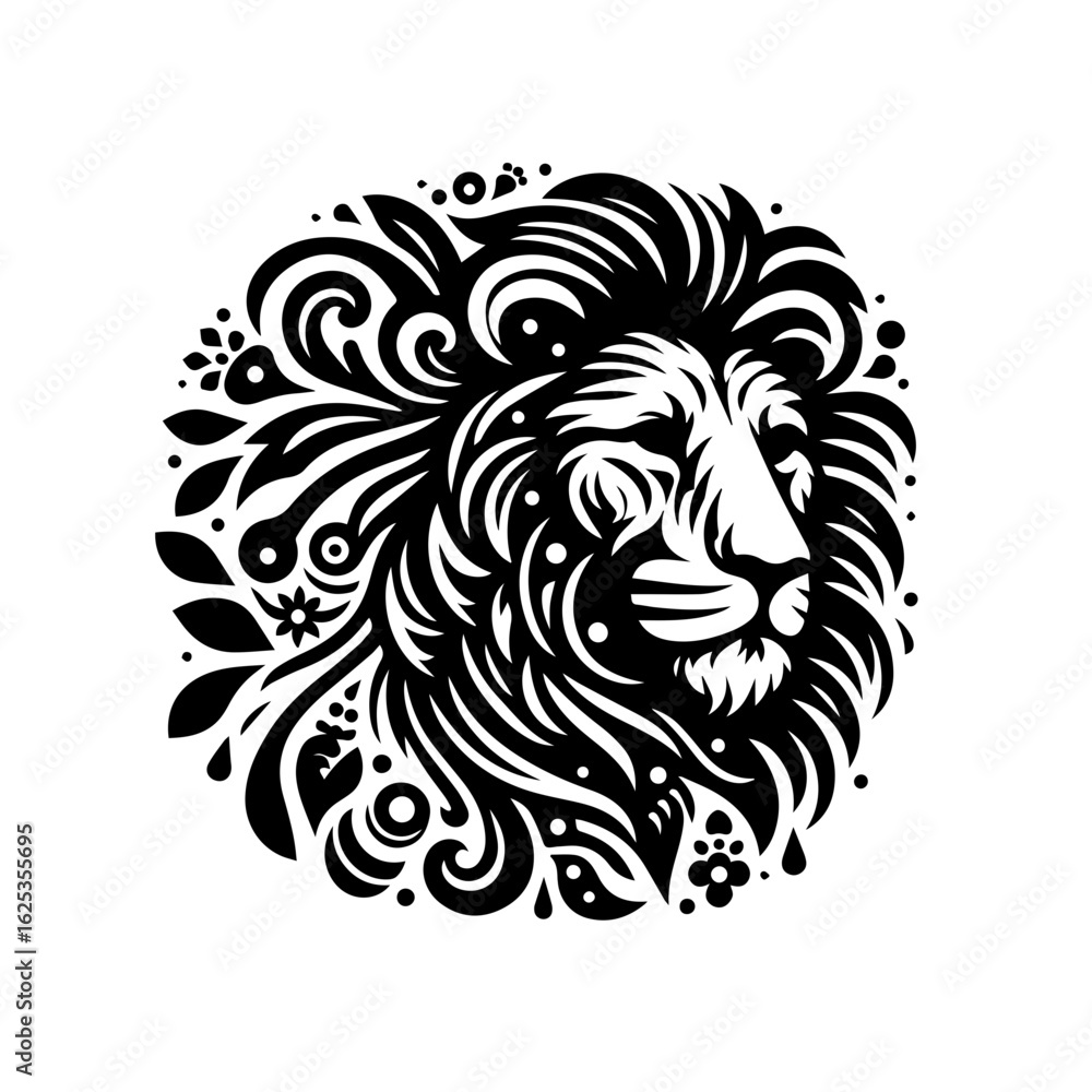 Fototapeta premium Majestic lion head with ornate floral and swirl patterns.