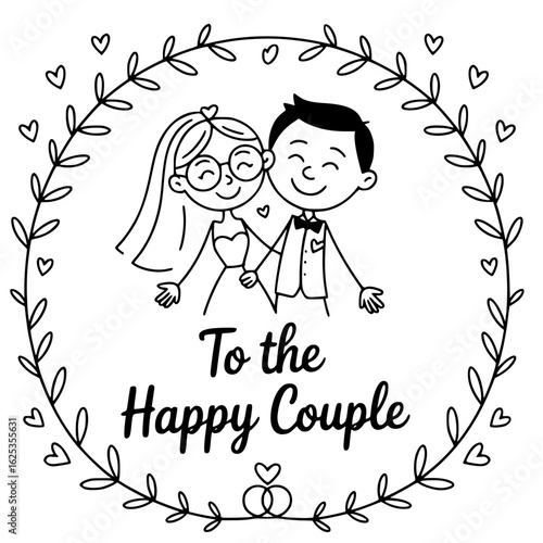 Wedding Illustration: A heartwarming illustration of a happy couple. Their embrace within a floral wreath radiates the joy of their union, offering a tender glimpse of their future together.